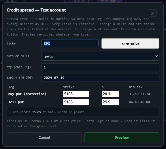 The Credit spread ticket for SPX on 3 June 2024: sell the 5185 put, buy the 5105 put, expiry 19 July 2024