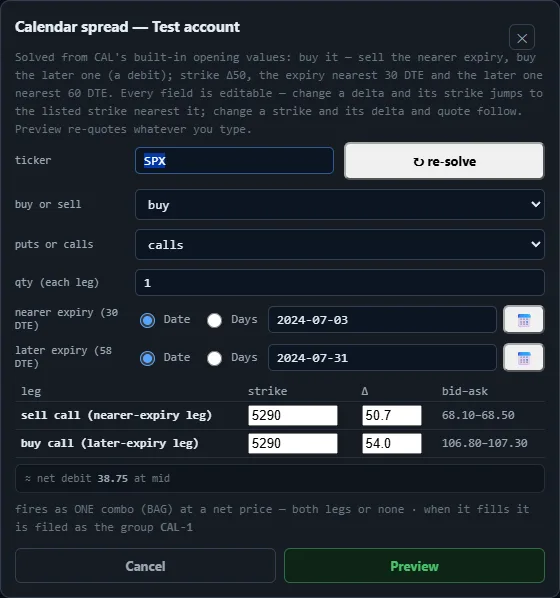 The Calendar spread ticket for SPX on 3 June 2024: sell the 5290 call expiring 3 July 2024, buy the 5290 call expiring 31 July 2024, net debit 38.75 at mid