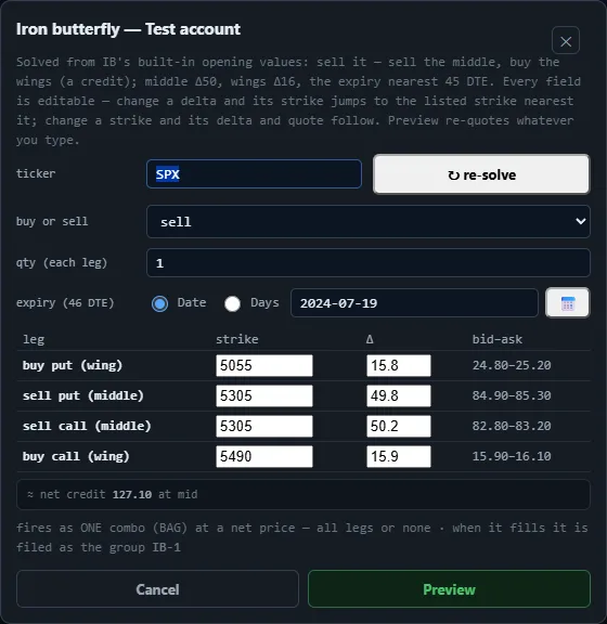 The Iron butterfly ticket for SPX on 3 June 2024: buy the 5055 put, sell the 5305 put and the 5305 call, buy the 5490 call, expiry 19 July 2024, net credit 127.10 at mid